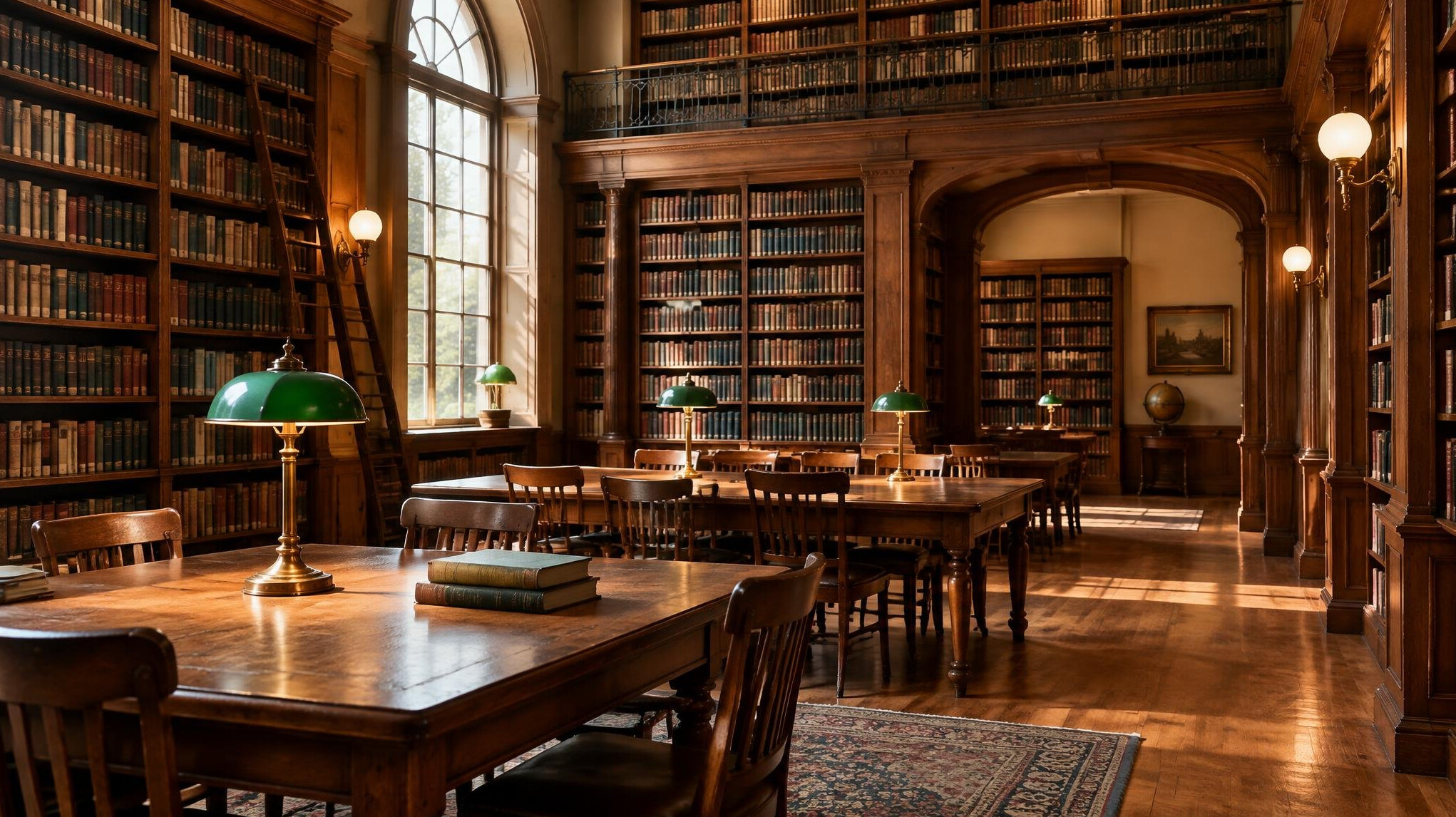 Library interior with wooden shelves