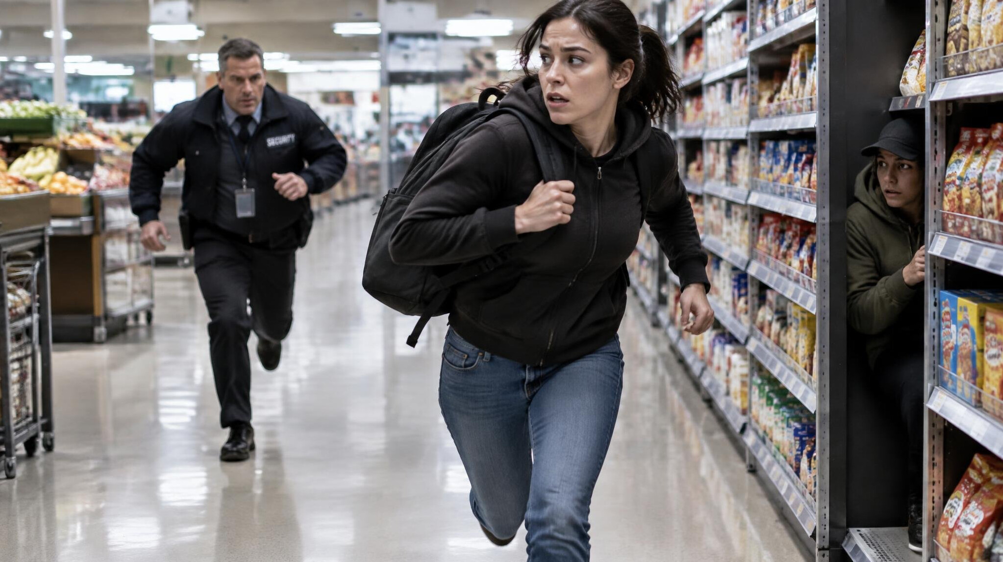 woman running with backpack in supermarket
