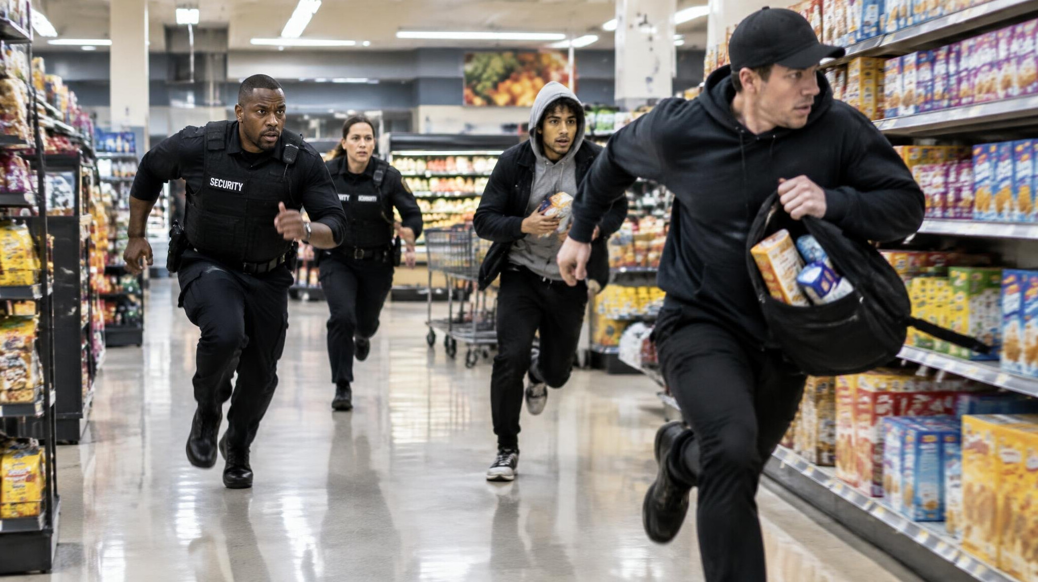 security team chasing thieves in supermarket