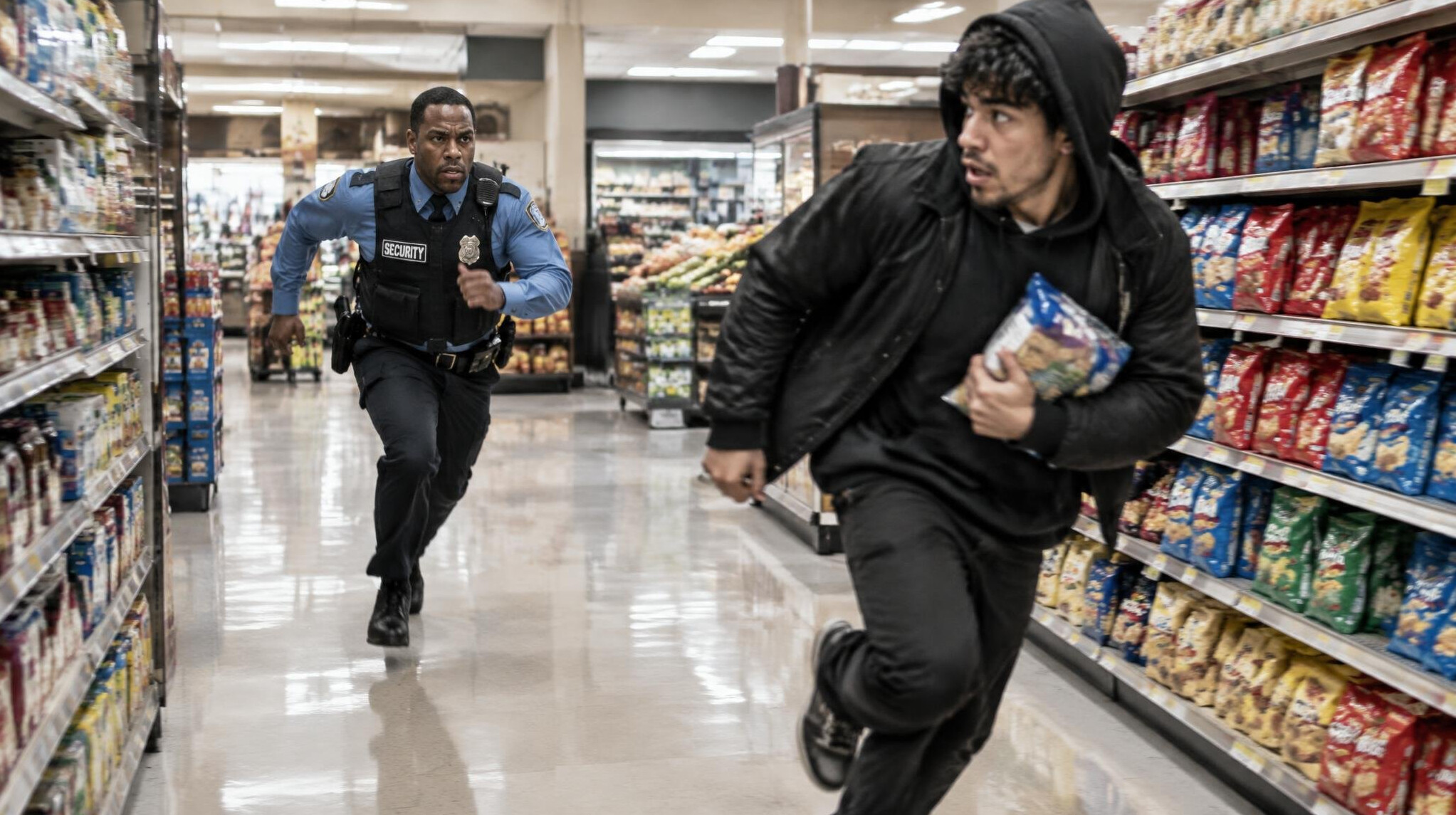 store detective chasing shoplifter in aisle