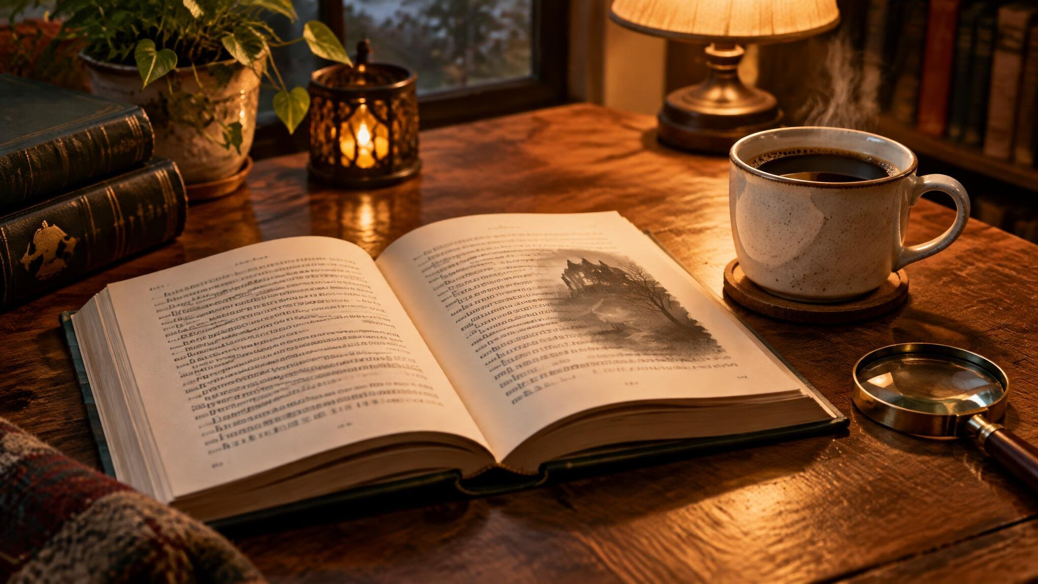 Open book with a coffee cup