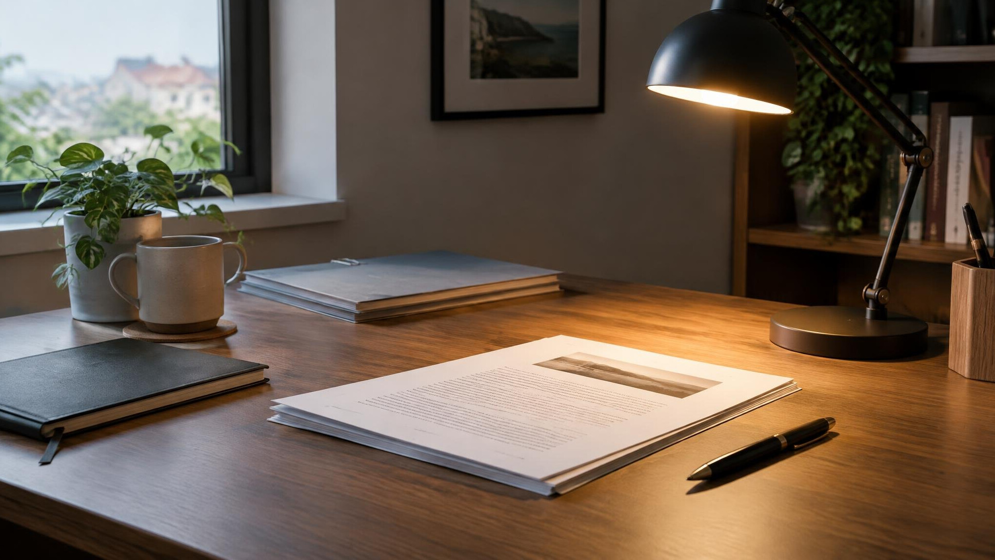 Desk with documents and a pen