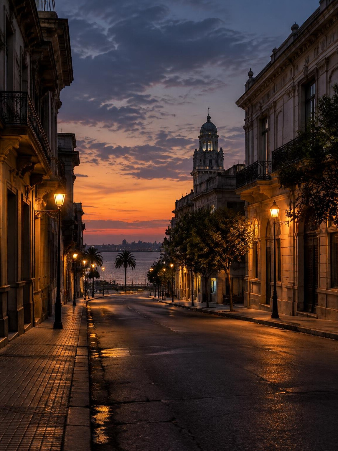 Empty city street at dusk with lights