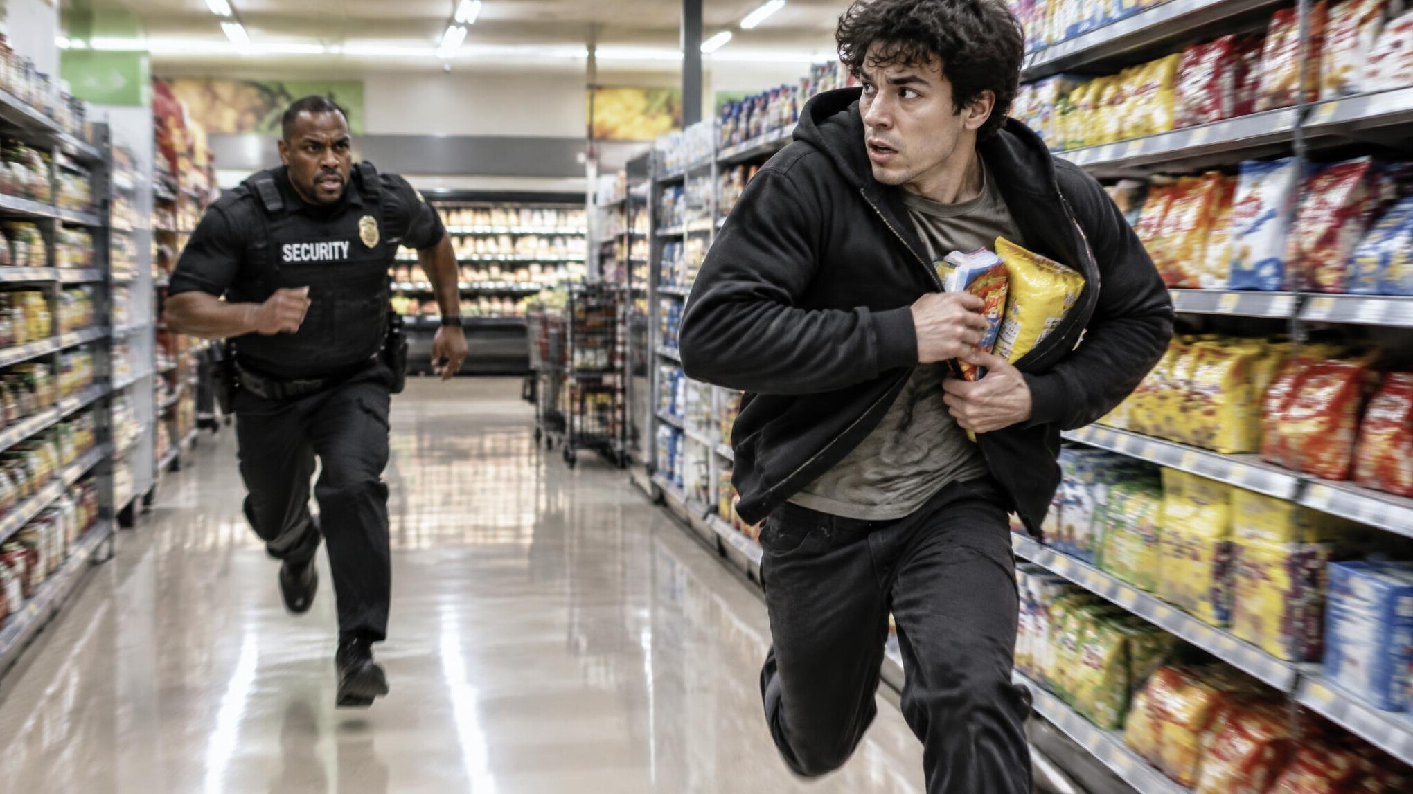store detective chasing shoplifter in aisle