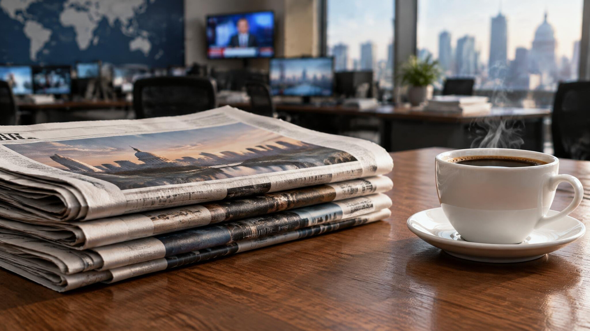 Stack of newspapers on a table