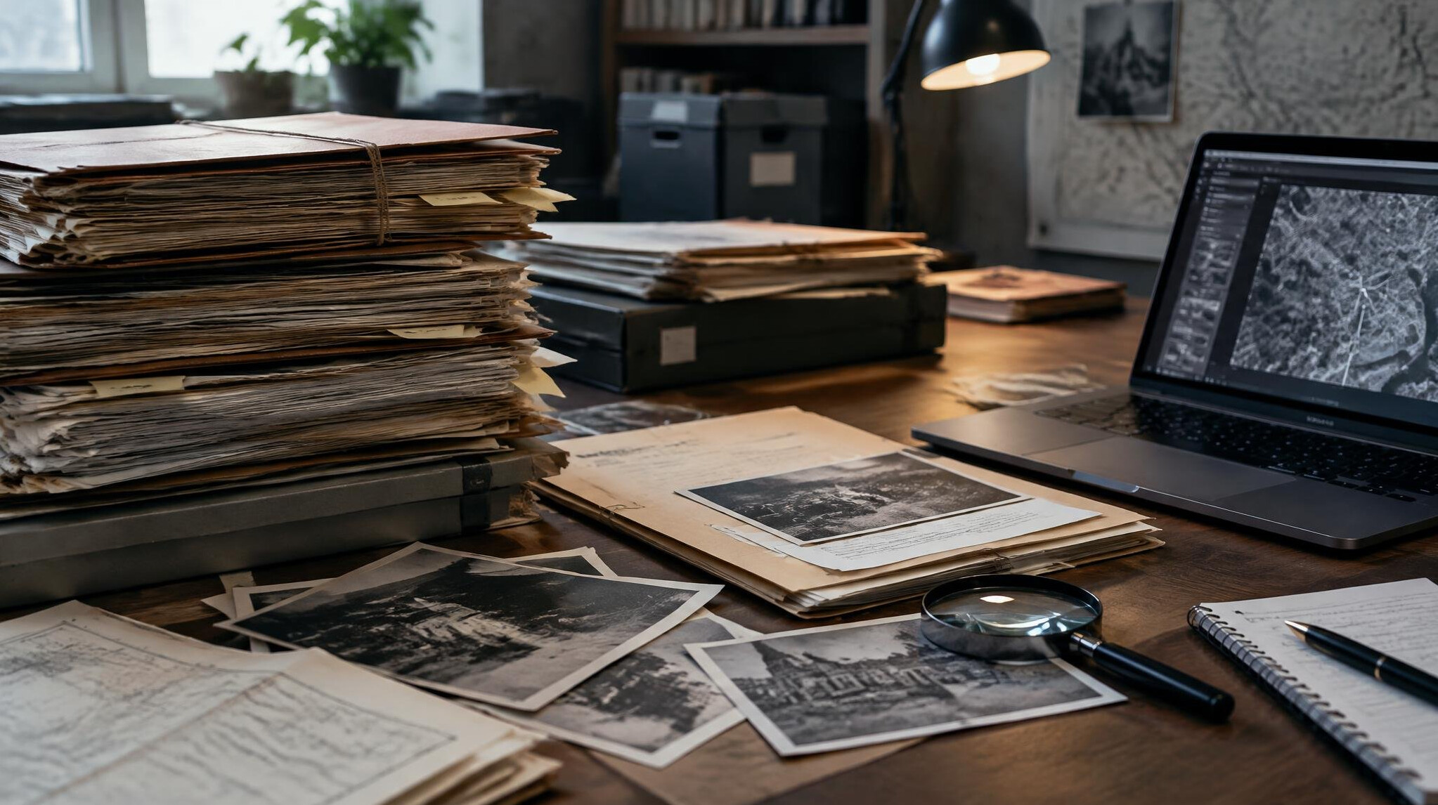Documents and papers on a desk with a laptop