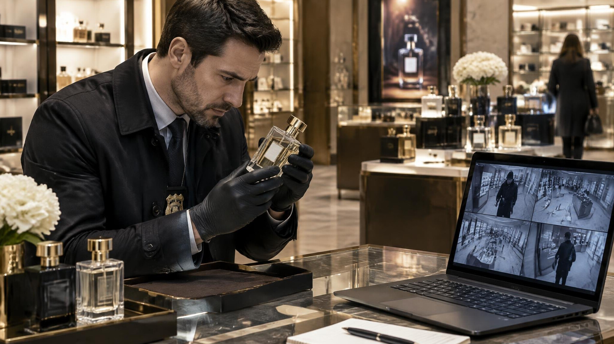 detective examining perfume bottle