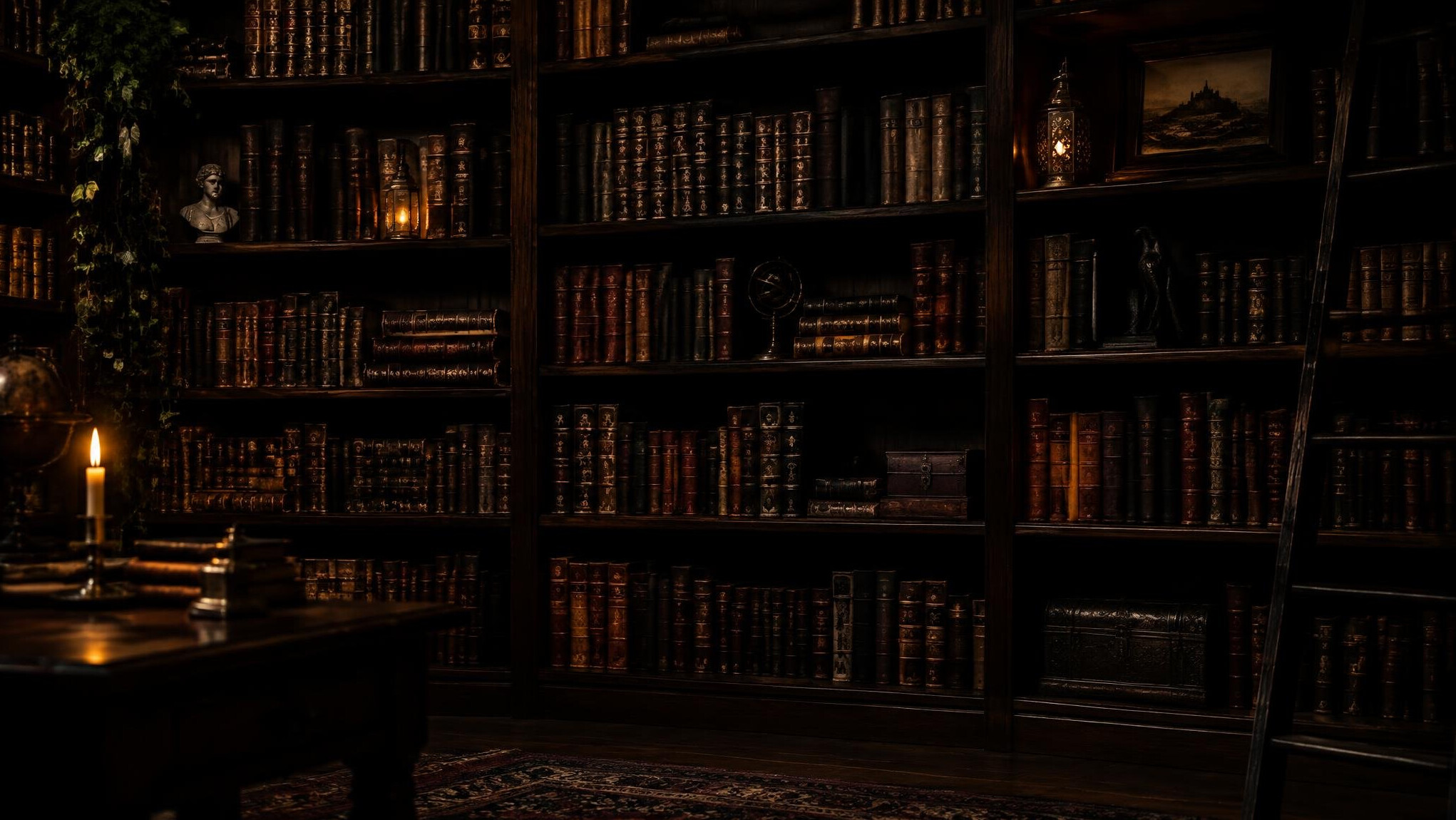 Books stacked on shelves in warm light