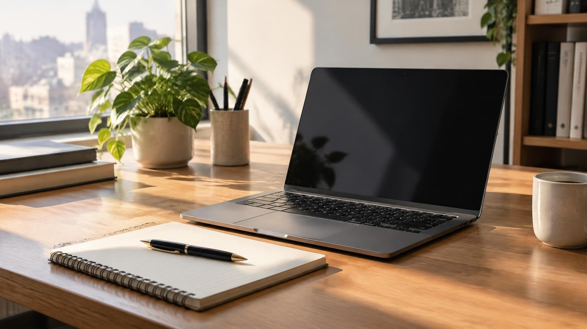 Desk with laptop and notebook